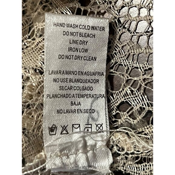 ISSI Medium Lace Top With Sheer Puff Sleeves  Back Zipper Neutral Beige & Black - Picture 5 of 12